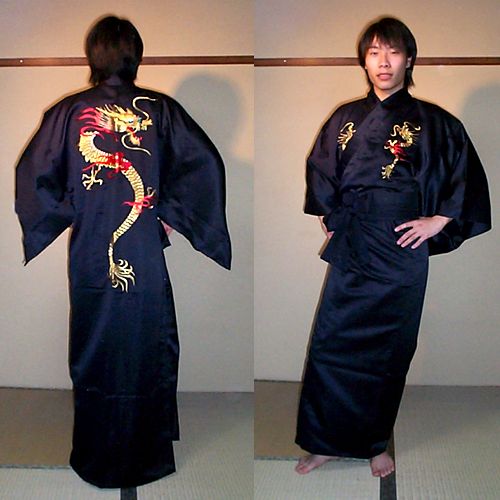 Polyester kimono Embroidered fire dragon Black
