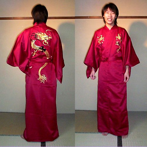 Polyester kimono Embroidered fire dragon Wine red
