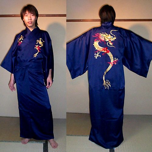 Polyester kimono Embroidered fire dragon Dark blue
